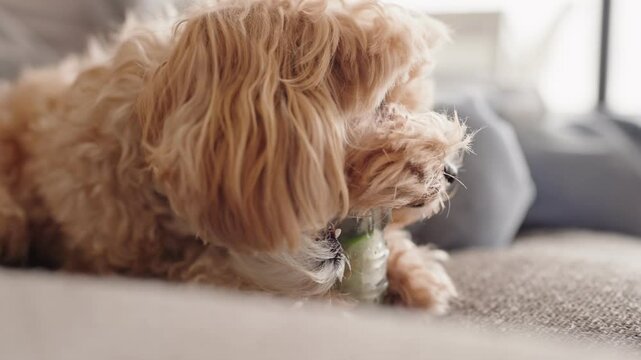 Close-up of a Maltipoo dog chewing on a food dispensing toy to reach the treats inside on a cozy indoor setting.
