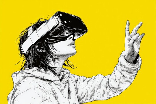 High contrast black and white illustration of a person using a VR headset symbolizing surreal experiences and virtual exploration in a graphic style