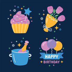 Party icon set: cupcake, champagne, bouquet of flowers and balloons