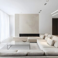 A modern minimalist living room with a neutral color palette, showcasing a large beige sectional sofa, a glass coffee table, and a sleek fireplace set against a pristine white wall