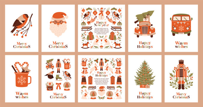 Big collection of Christmas cards with greetings, christmas tree, santa claus, nutcracker, winter landscape, vintage red car, sledge, socks, rabbits. Scandinavian ornament. Flat Style. Invitations.