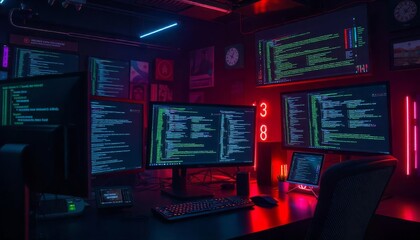 A futuristic control room featuring multiple computer screens showcasing code, creating a high-tech and digital atmosphere.