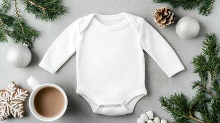 A minimalist white baby bodysuit surrounded by festive decorations, including pine branches, ornaments, and a warm cup of coffee.