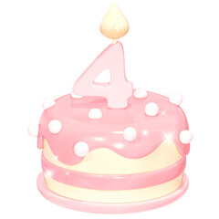 3D Cute Pink Birthday Cake with Number 4 Candle