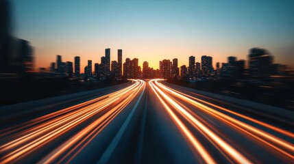 Fototapeta premium Long exposure photograph of city traffic at night, the streaks of car lights creating vibrant lines of color against the dark cityscape.