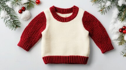 A cute, festive knit sweater featuring red sleeves and a cream body, surrounded by holiday decorations like berries and pine branches.