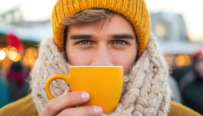 Man in a chunky scarf and beanie, sipping hot coffee as he walks through a bustling holiday market