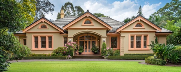 Fototapeta premium Luxurious home in Sydney with peach accents and lush front lawn.