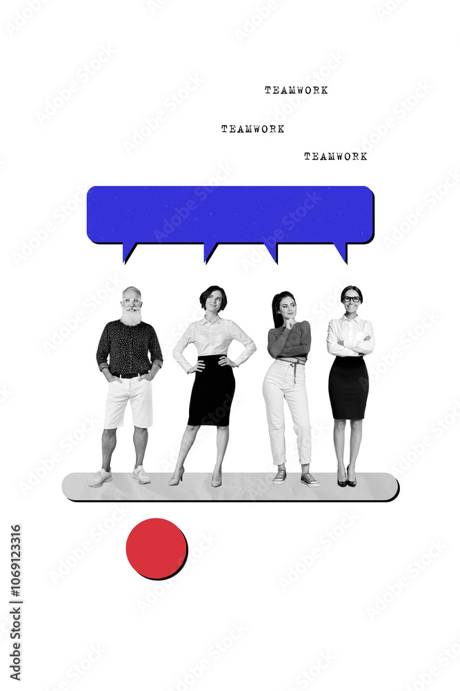 Poster collage art graphics illustration of four colleagues communicating together message dialogue team br