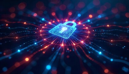 Obraz premium A glowing digital padlock symbolizes cybersecurity in a vibrant network of neon lights and connections.