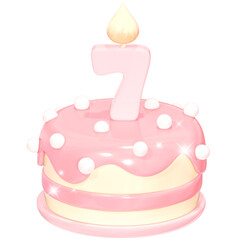 3D Cute Pink Birthday Cake with Number 7 Candle