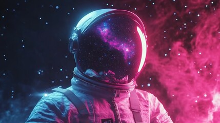 An astronaut's helmet reflects a vibrant nebula, bathed in neon pink and blue light against a starry backdrop.