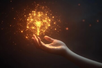 Golden abstract tree growing from hand with glowing particles representing creativity energy and nature’s interconnected systems in a mystical symbolic way