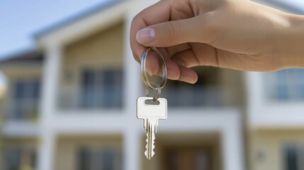 Hand Holding House Key in Front of New Home, Concept of Real Estate, Property, and Homeownership