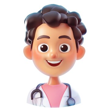 3D cartoon male doctor character. Friendly smiling Medical intern wearing white gown. 3d cartoon style illustration on transparent background