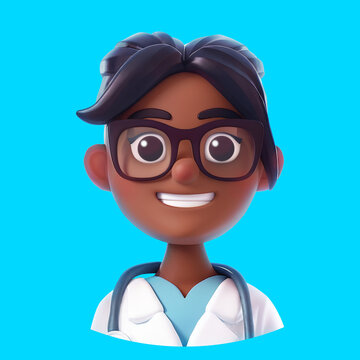 3D cartoon black doctor character. African american smiling female Medic wearing white gown in 3d cartoon style