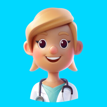 3D cartoon female doctor character. Friendly blond Medical intern wearing white gown. 3d cartoon style illustration on white background