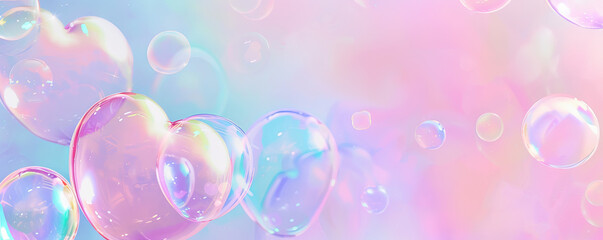 Realistic transparent pink, rainbow soap foam shaped as heart. Romantic glossy soapy hearts background.