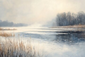 Fototapeta premium Matinée hivernale brumeuse sur un lac gelé avec des couleurs douces et une lumière tamisée..