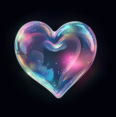 Heart shape 3d soap or glass bubbles. Realistic transparent pink, rainbow soap foam shaped as heart. Romantic glossy soapy hearts background.