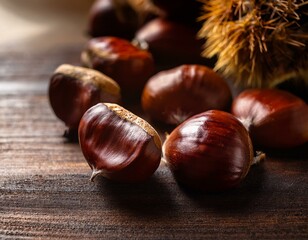 Obraz premium Autumn chestnuts on wooden table