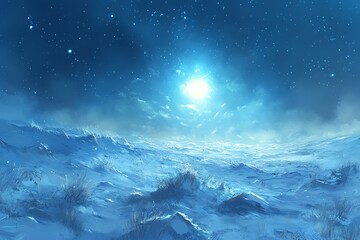 Fototapeta premium Plaine déserte couverte de neige sous un ciel étoilé lumineux..