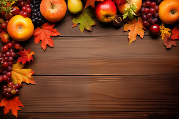 a stylish arrangement of apples, red berries, fall leaves, and seasonal fruits on wooden background, design for banner, poster, card, copy  space for text