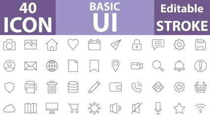 Basic UI Icon Outlne Style Collection Set. Containing Calendar, Chat, Padlock, Search, Telephone And More. Editable Stroke.
