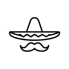 Sombrero and Mustache Outline Icon, Simple black outline of a sombrero with a mustache underneath, symbolizing Mexican culture, tradition, and festive celebrations.
