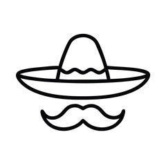 Sombrero and Mustache Outline Icon, Simple black outline of a sombrero with a mustache underneath, symbolizing Mexican culture, tradition, and festive celebrations.
