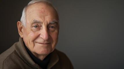 Obraz premium An elderly man with deep set eyes and a wise smile against a gray background