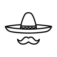 Sombrero and Mustache Outline Icon, Simple black outline of a sombrero with a mustache underneath, symbolizing Mexican culture, tradition, and festive celebrations.

