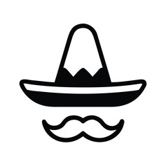 Sombrero and Mustache Silhouette Icon, Black silhouette of a traditional sombrero hat with decorative patterns and a mustache, symbolizing Mexican culture, heritage, and festivities.
