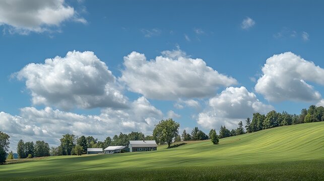 A peaceful countryside featuring rolling green hills, a quaint farmhouse, and a sky dotted with fluffy clouds