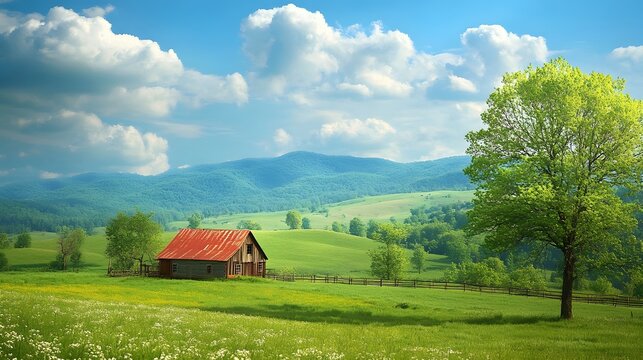 A peaceful countryside featuring rolling green hills, a quaint farmhouse, and a sky dotted with fluffy clouds