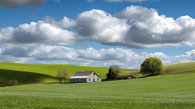 A peaceful countryside featuring rolling green hills, a quaint farmhouse, and a sky dotted with fluffy clouds