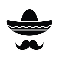 Sombrero and Mustache Silhouette Icon, Black silhouette of a traditional sombrero hat with decorative patterns and a mustache, symbolizing Mexican culture, heritage, and festivities.
