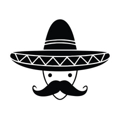 Sombrero and Mustache with Face Silhouette Icon, Black silhouette icon of a sombrero hat with a mustache and simple face details, representing Mexican culture, tradition, and festivities.
