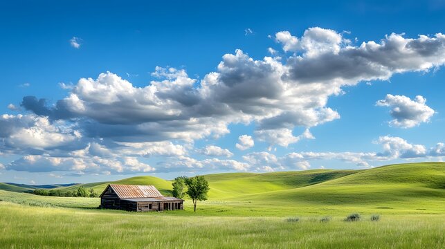 A peaceful countryside featuring rolling green hills, a quaint farmhouse, and a sky dotted with fluffy clouds