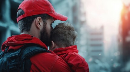 A rescue worker carrying a child to safety from the wreckage of a collapsed building, a testament to the bravery and selflessness of first responders in the aftermath of natural disasters.