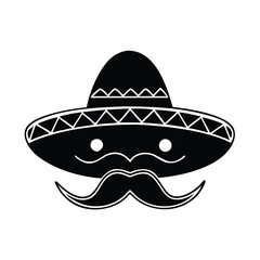 Sombrero and Mustache Face Icon Silhouette, Black silhouette icon of a sombrero with a mustache and face details, symbolizing Mexican culture, tradition, and festive celebrations.

