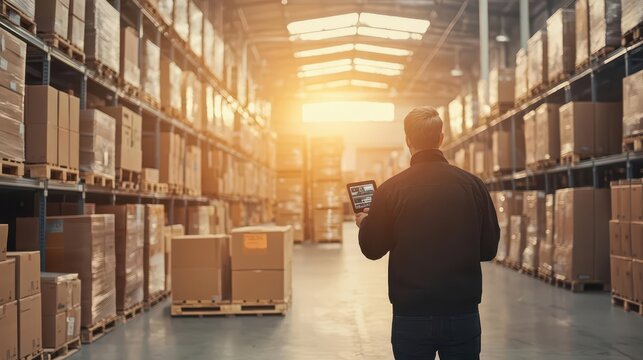 Worker with barcode scanner tracking inventory to prevent overstock, cost control concept