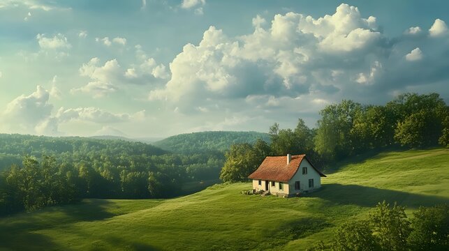 A peaceful countryside featuring rolling green hills, a quaint farmhouse, and a sky dotted with fluffy clouds