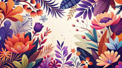 Matisse inspired illustration of different shades of orange, purple and pink flowers all around the corners with a big space in the middle to add a paragraph. Background is white © williamnoah