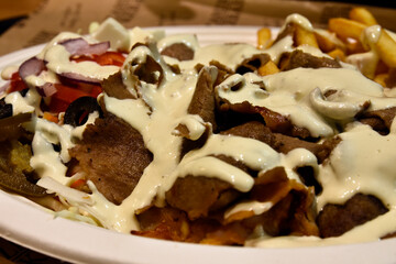 Kebab on a plate with fries and salad