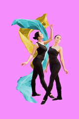 Vertical collage young woman aerobics athlete dancer ballerian professional hobby performance warmup training practicing drawing background