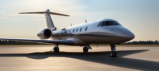 Naklejka premium Luxury Private Jet Aircraft Parked on Empty Runway Under Golden Hour Sunset Illumination