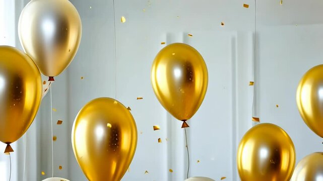 Golden and white balloons float under a ceiling, adorned with golden confetti, suggesting a celebration mood during the daytime. This setting could imply a festive occasion such as a birthday party