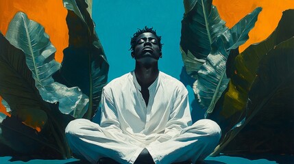 Peaceful Meditation Scene Featuring a Man in White Outfit Against Bold Tropical Leaves, Emphasizing Serenity and Natural Harmony
