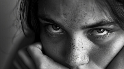 A close-up of a personâs face, chin resting on their hand, looking bored and uninspired.